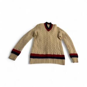 Vintage knit cream blue red tennis cable knit sweater v neck